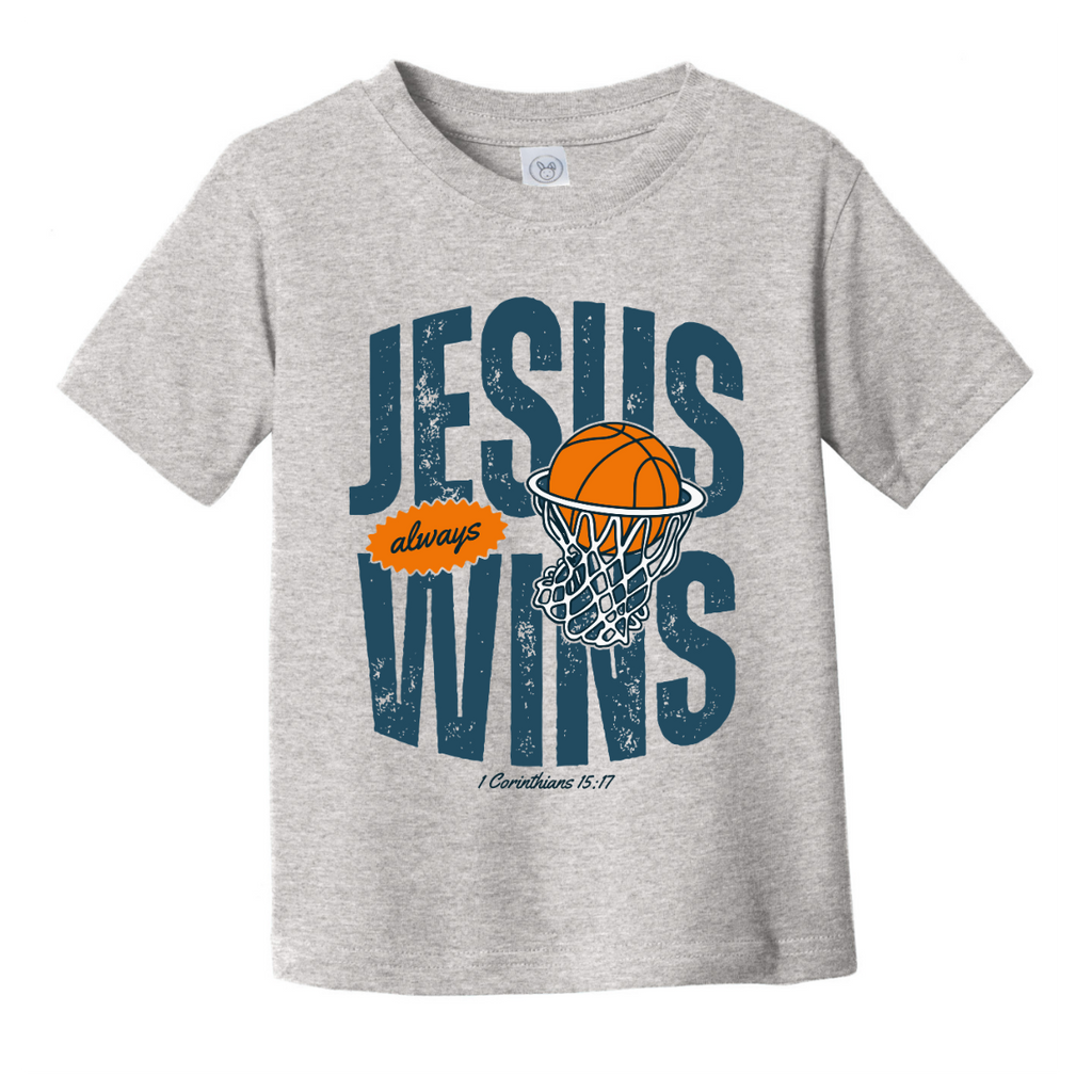 Gray t-shirt with 'Jesus always wins' graphic design on a white background