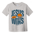 Gray t-shirt with 'Jesus always wins' graphic design on a white background