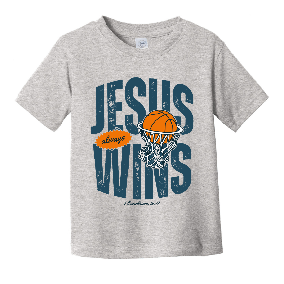 Gray t-shirt with 'Jesus always wins' graphic design on a white background